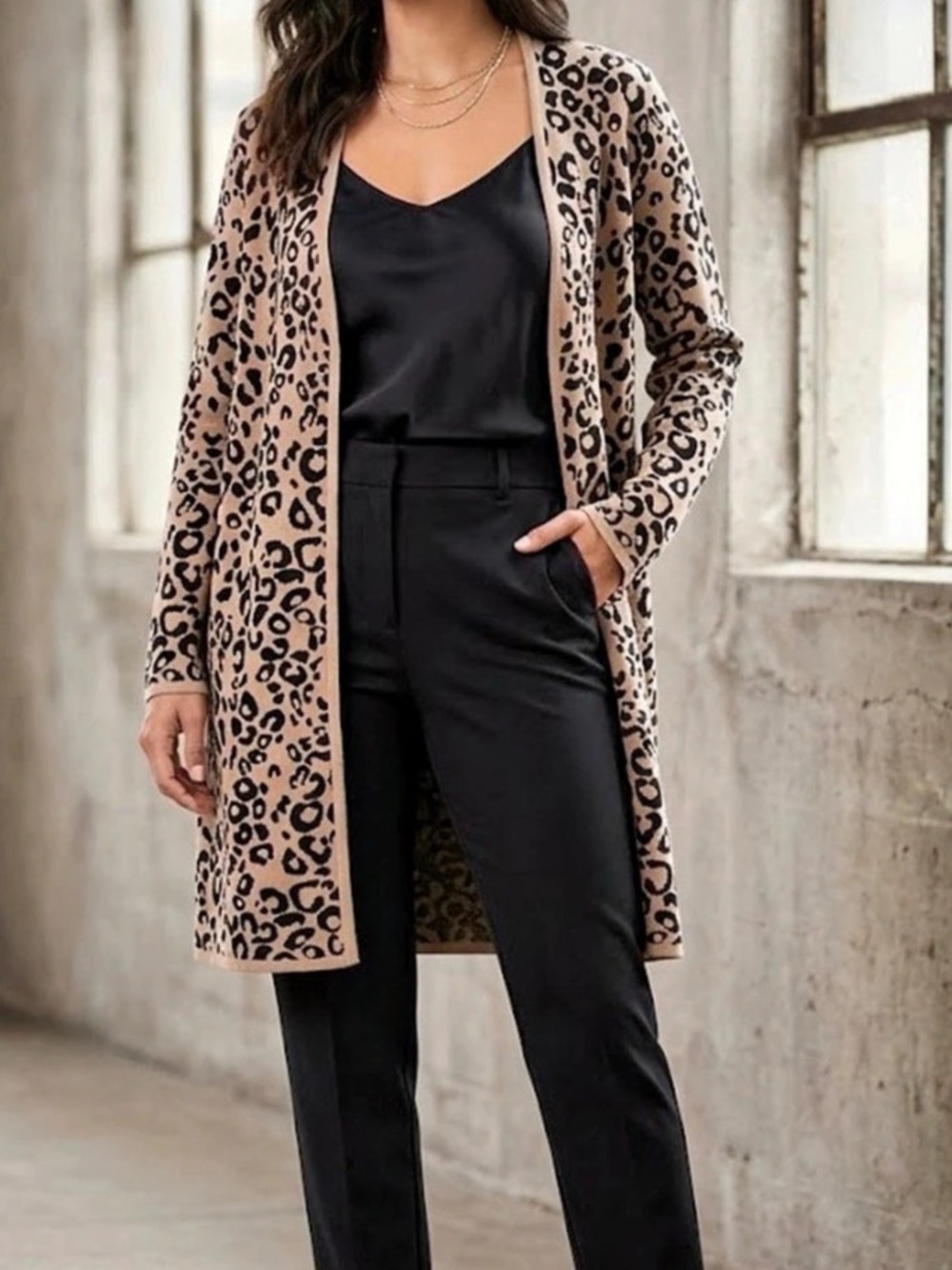 JM Collection Animal Print Cardigan in Brown & Black Size Small